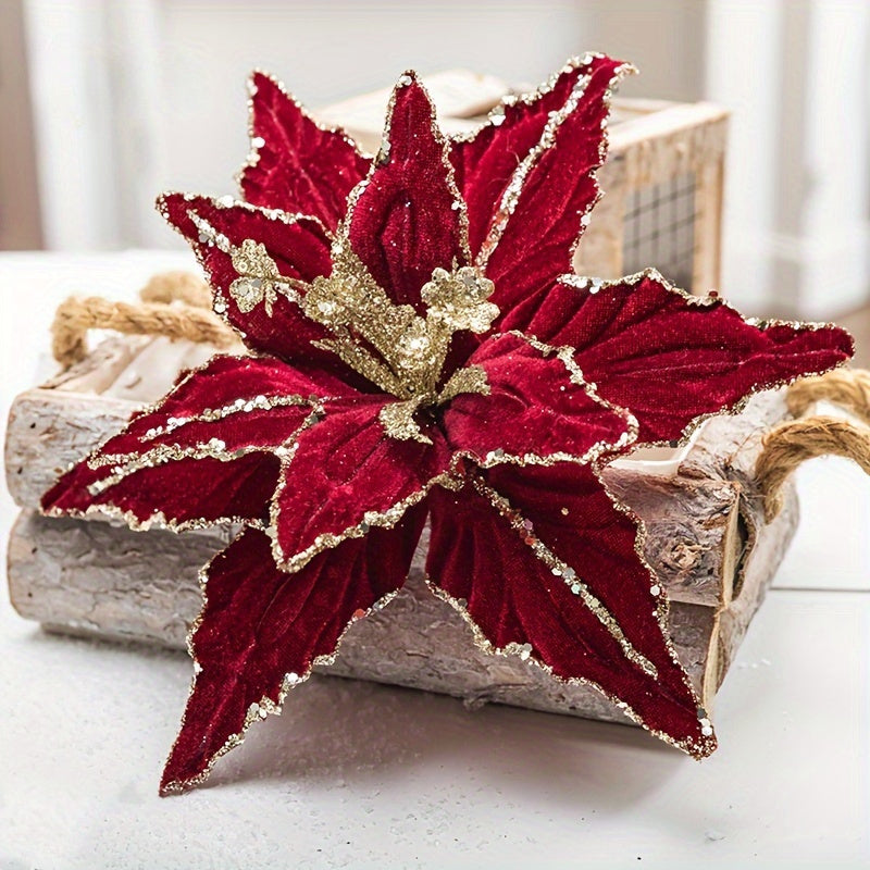 Sequined Velvet Artificial Christmas Flowers – 3-Piece Holiday Decor Set