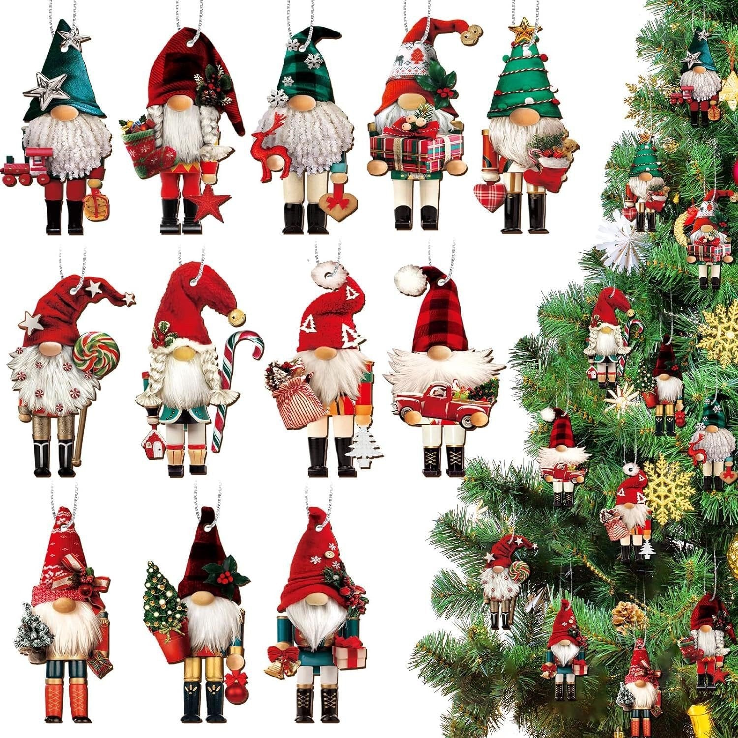 Gnome Nutcracker Christmas Tree Ornaments Set – 12-Piece Holiday Decor