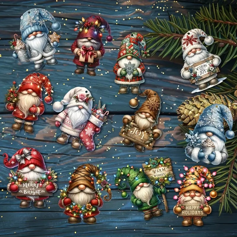 Wooden Dwarf Christmas Tree Ornaments Set – 12-Piece Holiday Decor