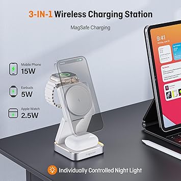 2025 Upgraded Wireless Charger 3 in 1, Foldable Wireless Charging Station with Light (20W Adapter)