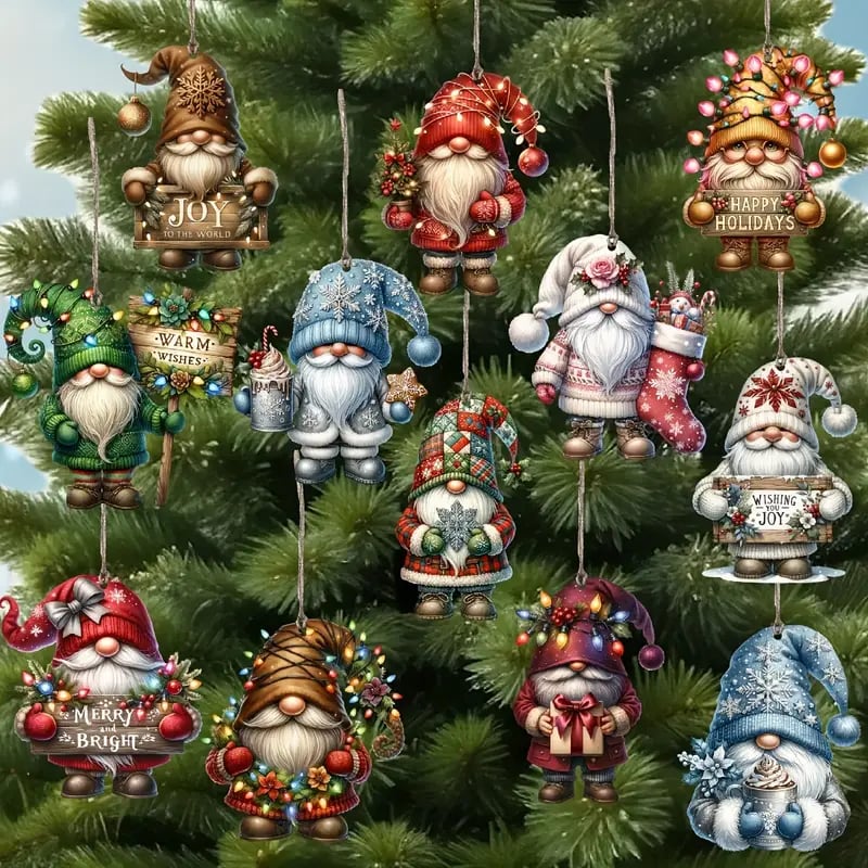 Wooden Dwarf Christmas Tree Ornaments Set – 12-Piece Holiday Decor