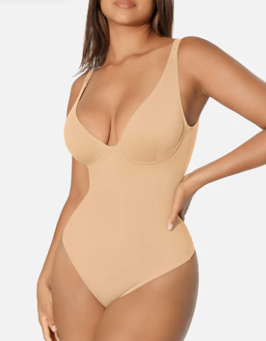 V Neck Tummy Control Thong Bodysuit