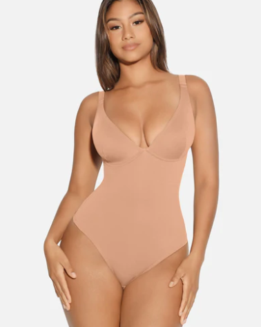 V Neck Tummy Control Thong Bodysuit