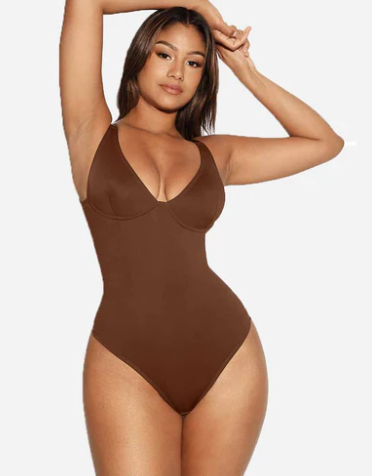V Neck Tummy Control Thong Bodysuit