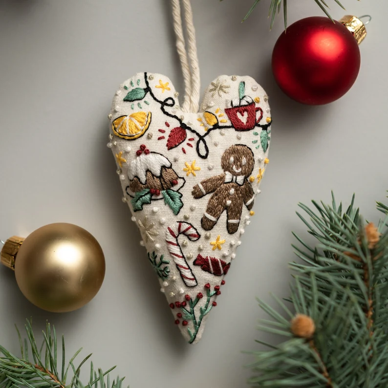 DIY Heart-Shaped Hand Embroidered Christmas Ornament Kit – 2025 Holiday Craft