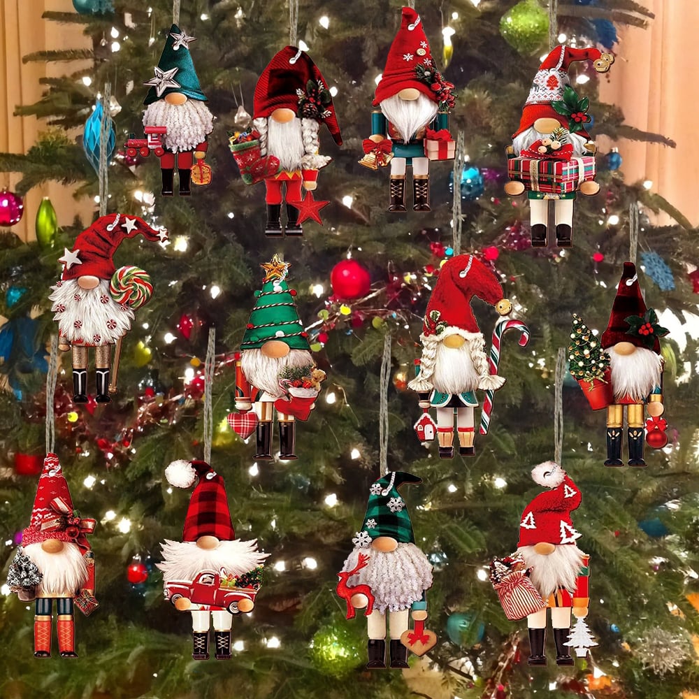 Gnome Nutcracker Christmas Tree Ornaments Set – 12-Piece Holiday Decor