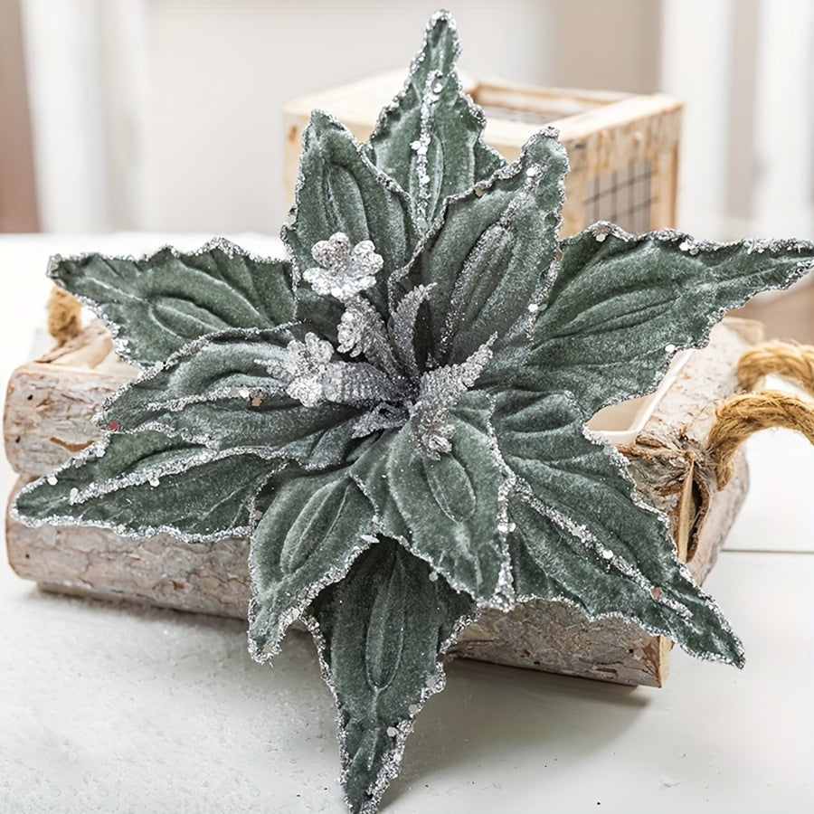 Sequined Velvet Artificial Christmas Flowers – 3-Piece Holiday Decor Set