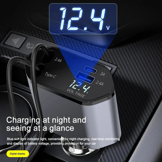 120W Retractable Car Charger with Dual USB & Type-C | Fast Charging Car Lighter Adapter with Voltage Display