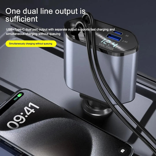 120W Retractable Car Charger with Dual USB & Type-C | Fast Charging Car Lighter Adapter with Voltage Display