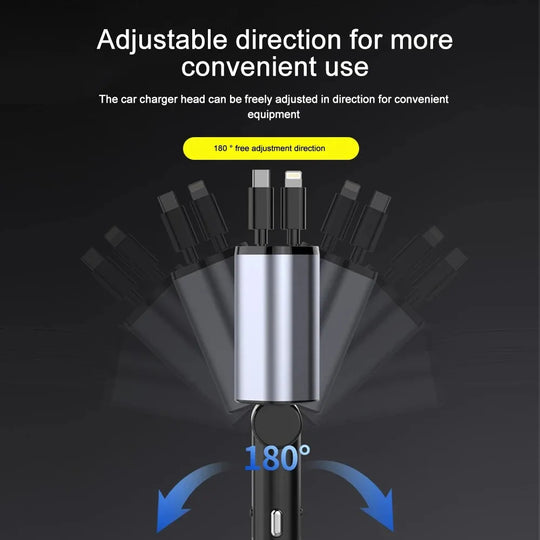120W Retractable Car Charger with Dual USB & Type-C | Fast Charging Car Lighter Adapter with Voltage Display