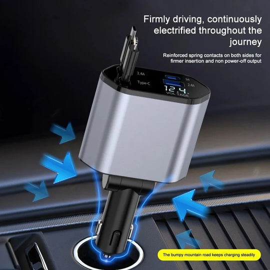 120W Retractable Car Charger with Dual USB & Type-C | Fast Charging Car Lighter Adapter with Voltage Display