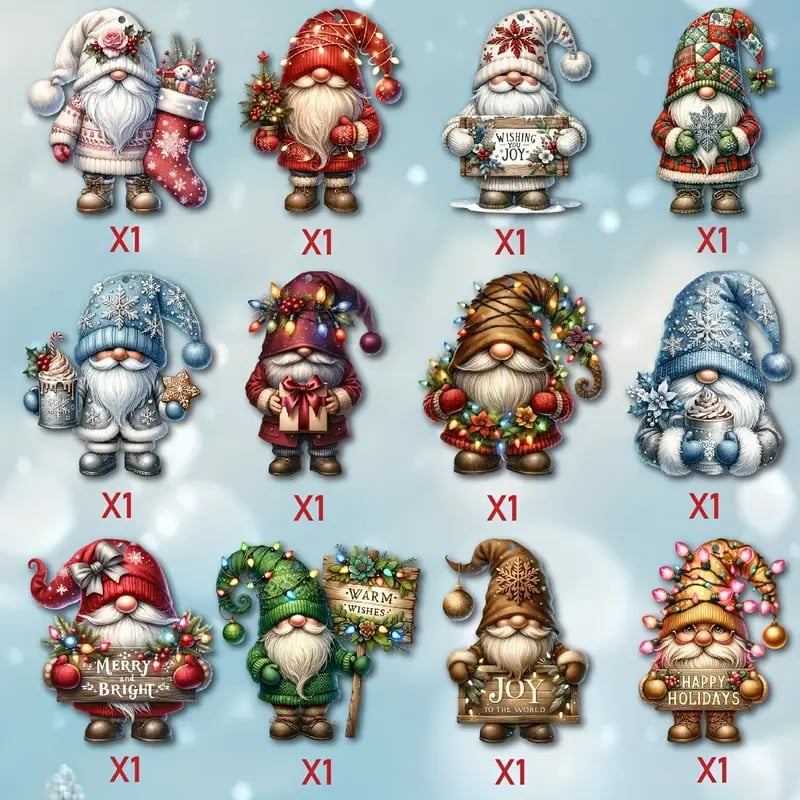 Wooden Dwarf Christmas Tree Ornaments Set – 12-Piece Holiday Decor